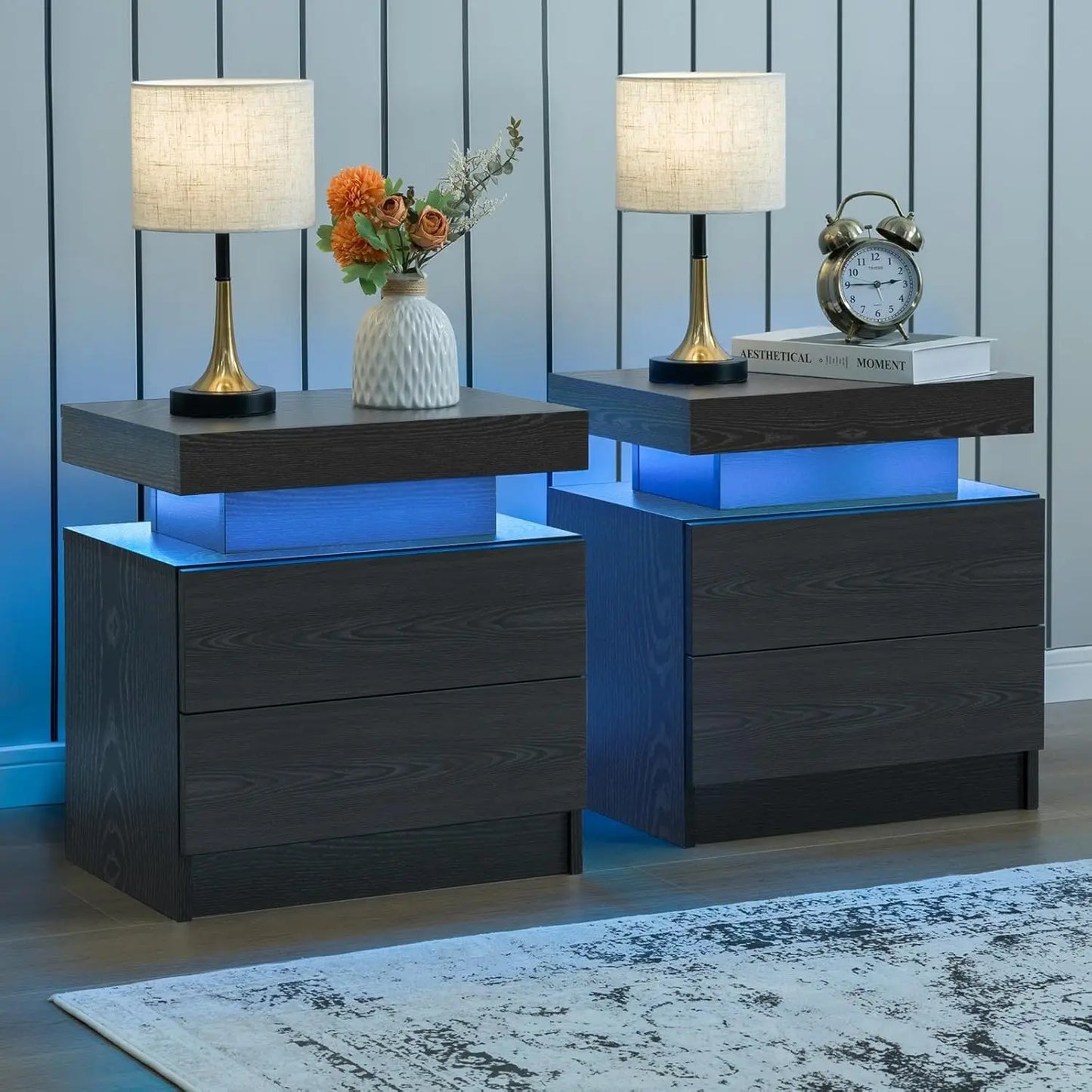 Cubehom Nightstand Set Of 2 With LED Lighting And Drawers