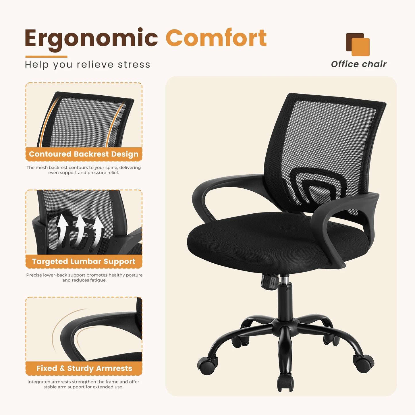 JHK Ergonomic Fixed Armrest Office Chair With Lumbar Support Rocking