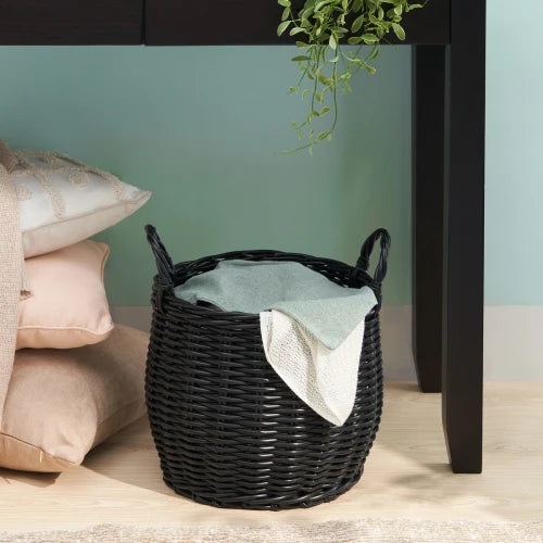 Round Resin Wicker Storage Basket With Handles For Home Organization