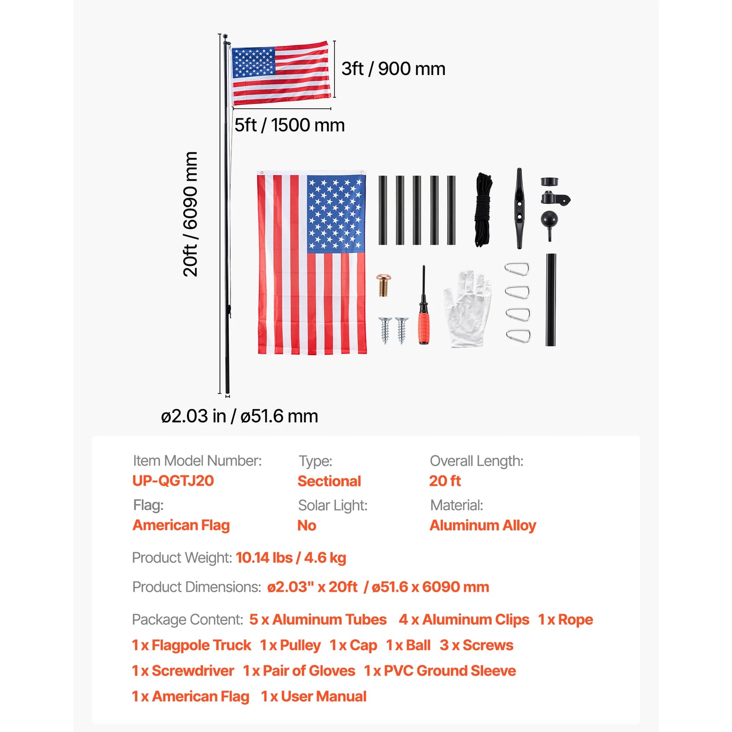 VEVOR 16 To 30 Ft In Ground Aluminum Flag Pole Kit With American Flag