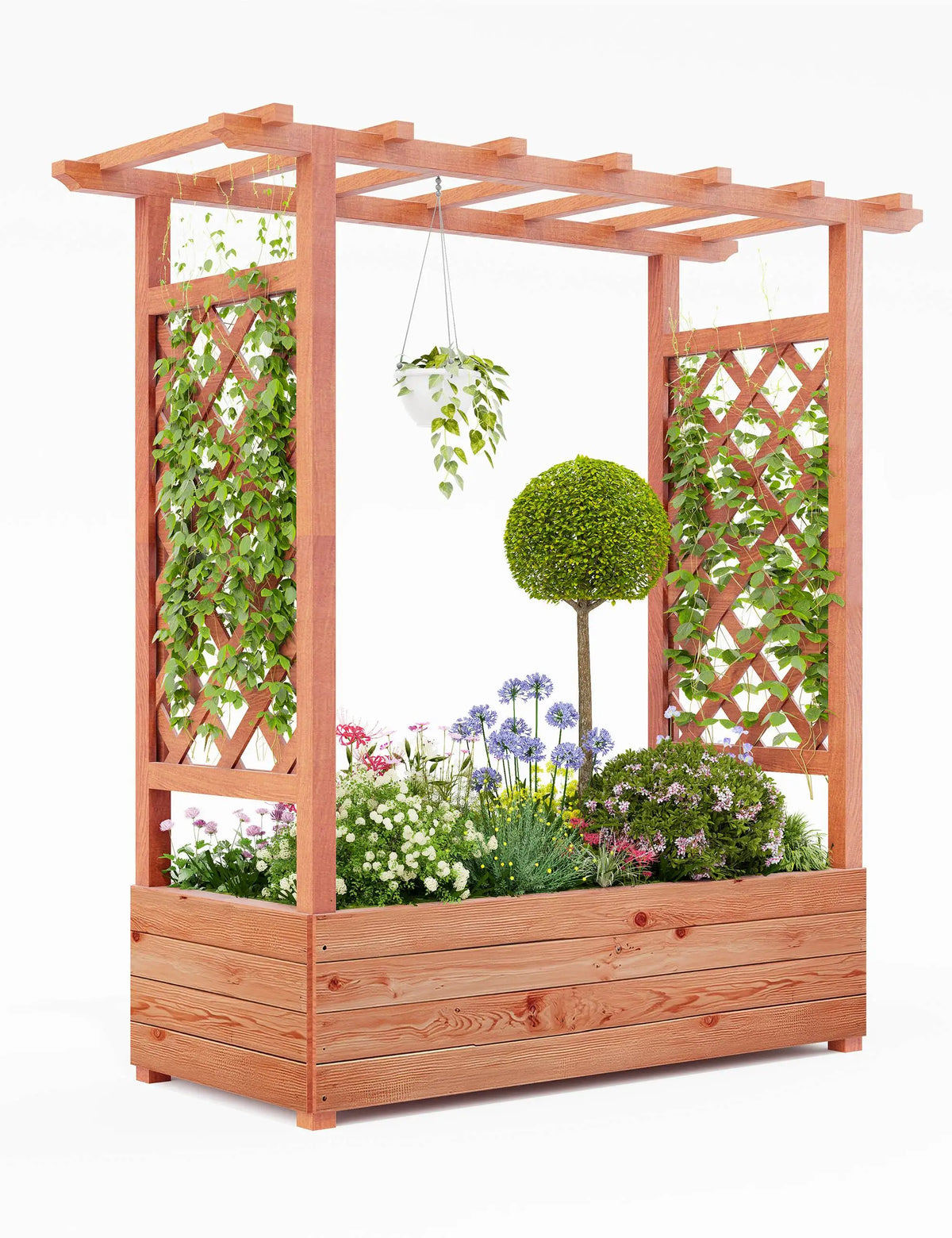 HiMISS Wooden Raised Garden Bed With Trellis Canopy Drainage