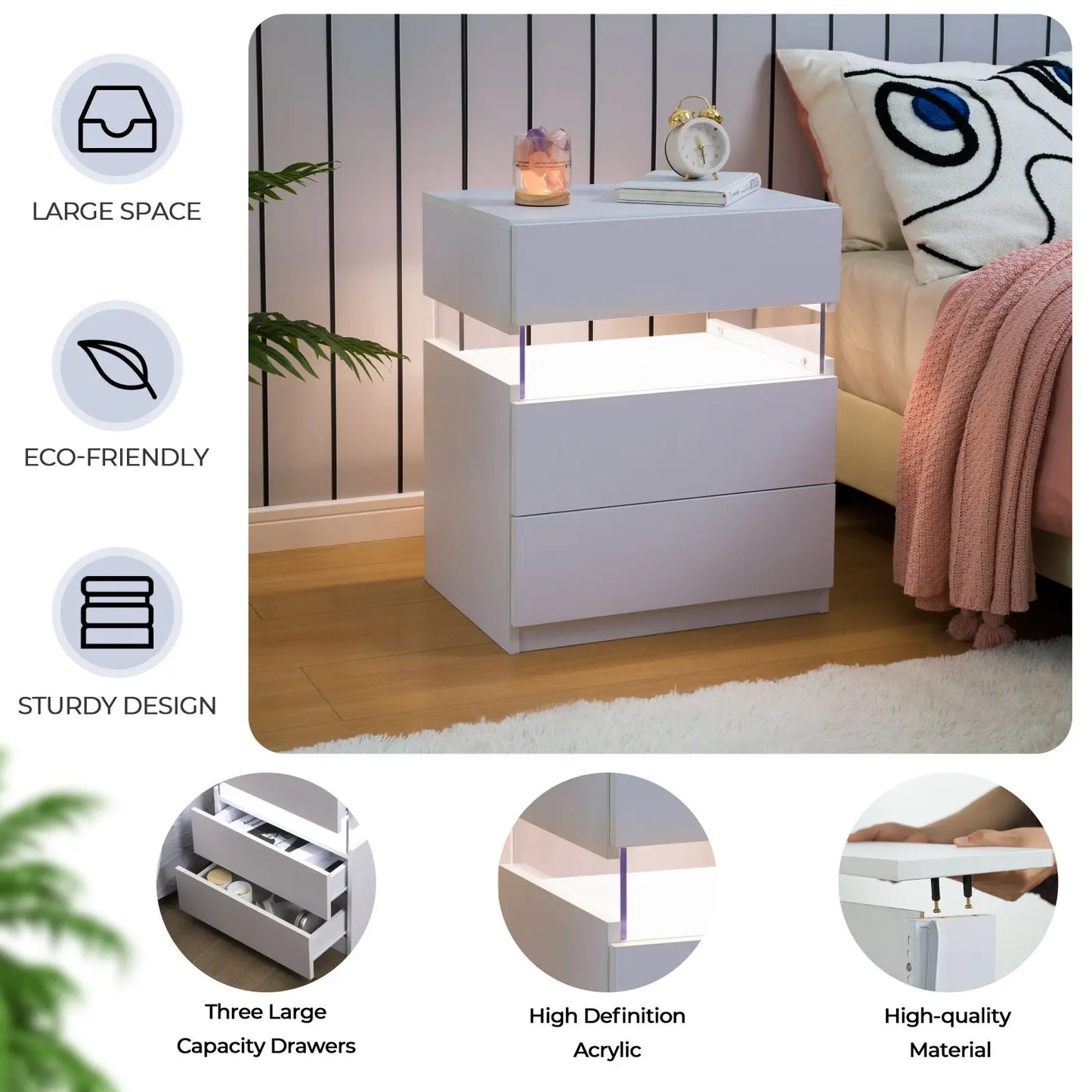 Cubehom Bedside Tables With LED Lighting, Two Drawer Nightstands