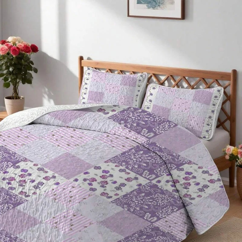Purple Floral Grid Print Quilt Set Lightweight Breathable Polyester Cotton