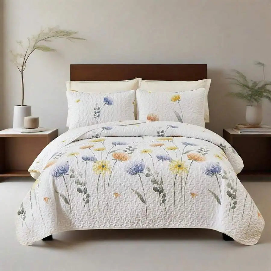 Yellow Paisley Quilt Set 3 Pieces Coverlet Bedding