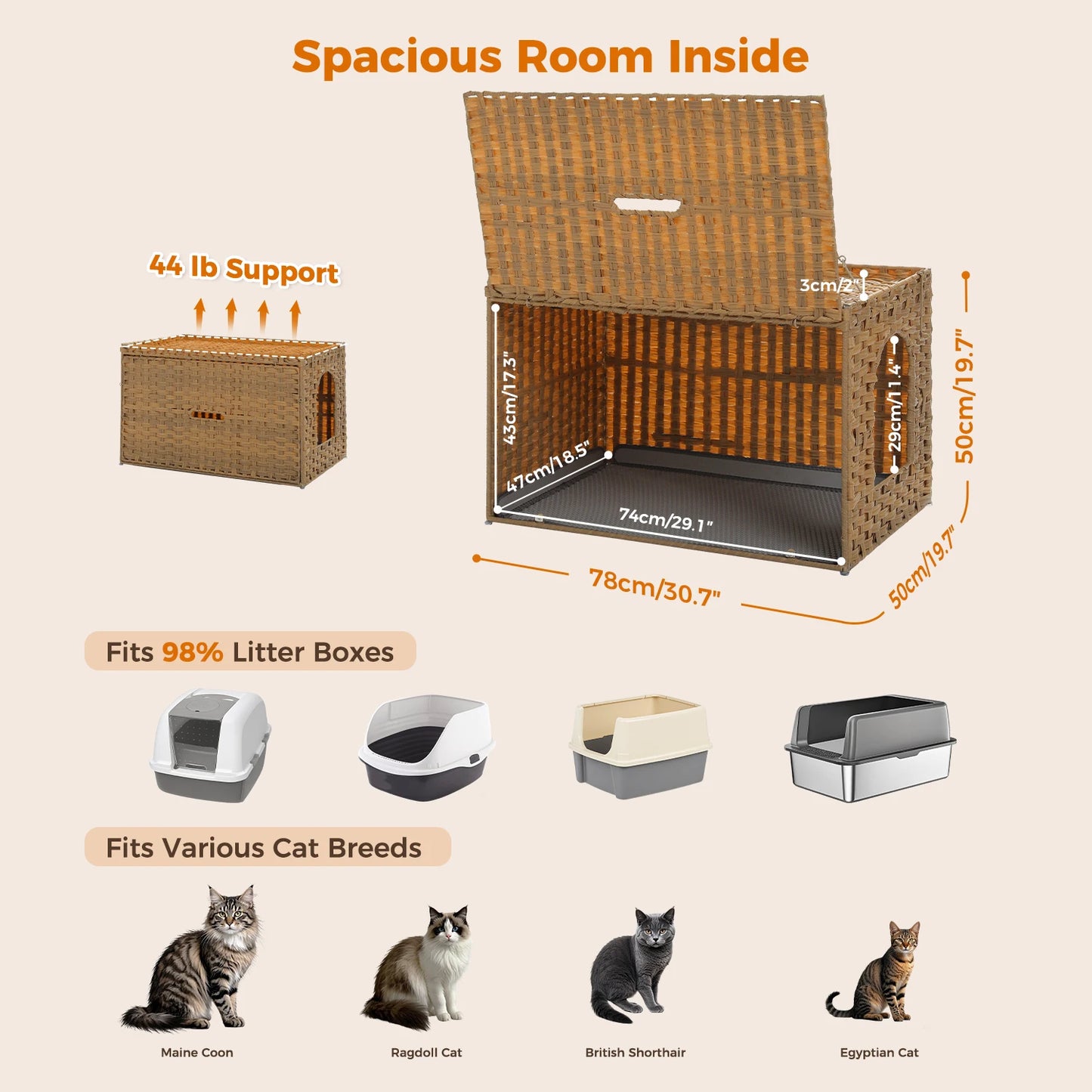 PEQULTI Rattan Litter Box Enclosure With Taller Doorway Flip-Up Design.