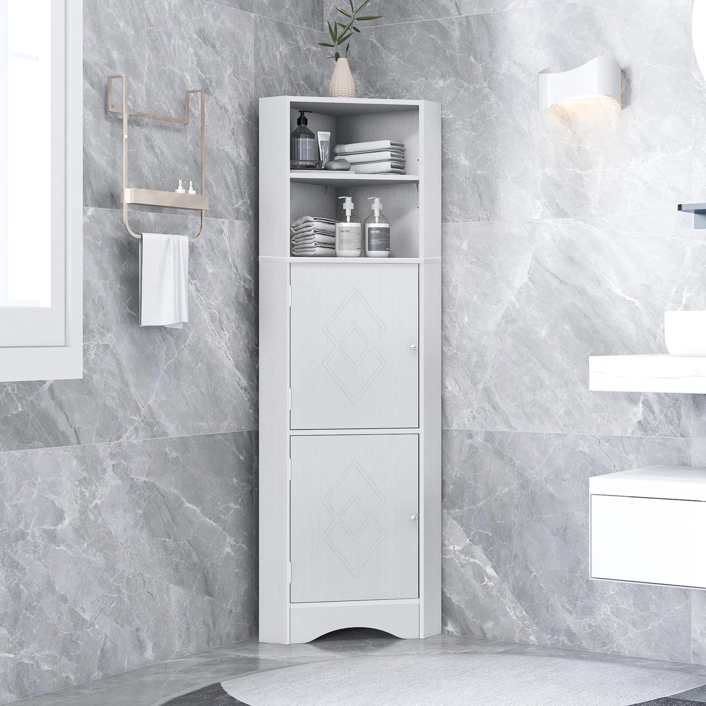 Tall Bathroom Corner Cabinet Freestanding With Adjustable Shelves