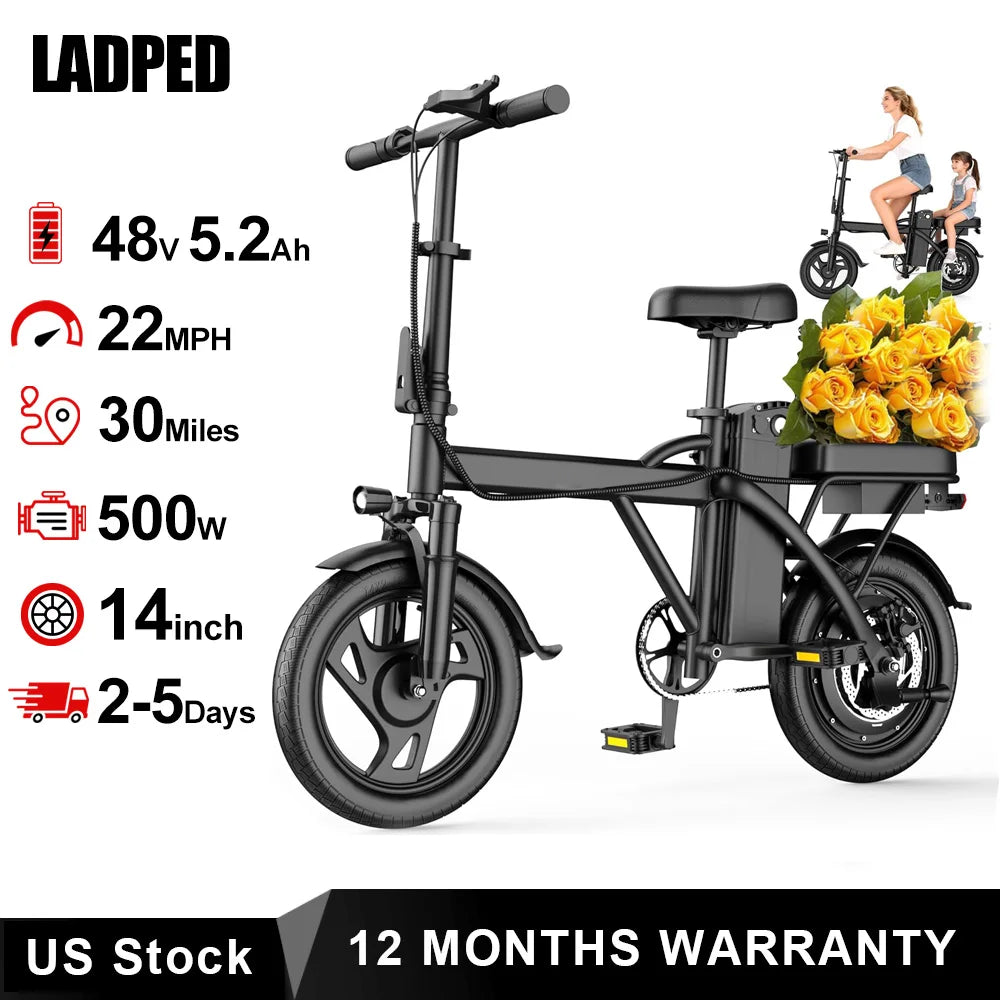 Ladped Foldable Electric Bike 500W Dual Seat 48V Long Range