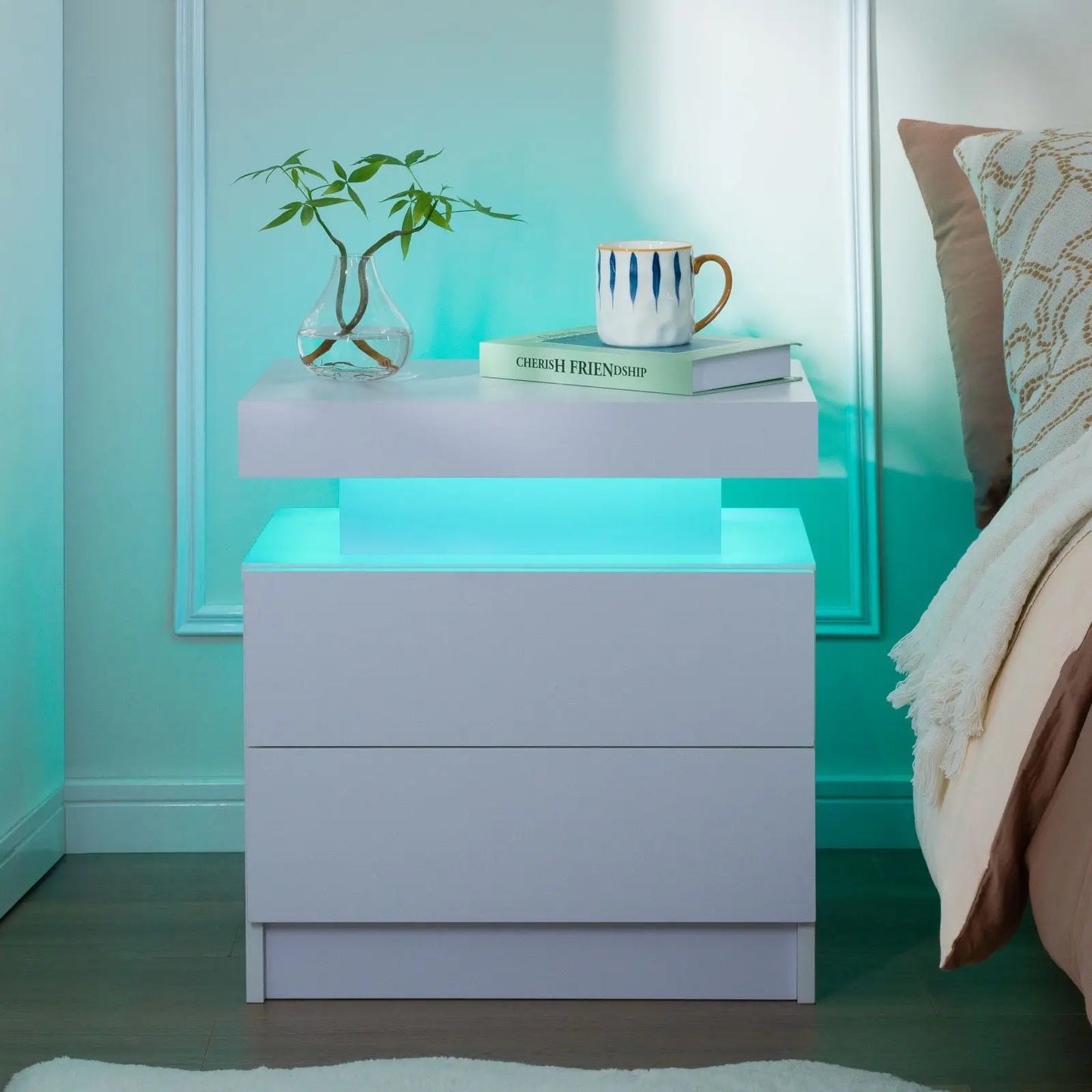 Cubehom Nightstand Set Of 2 With LED Lighting And Drawers