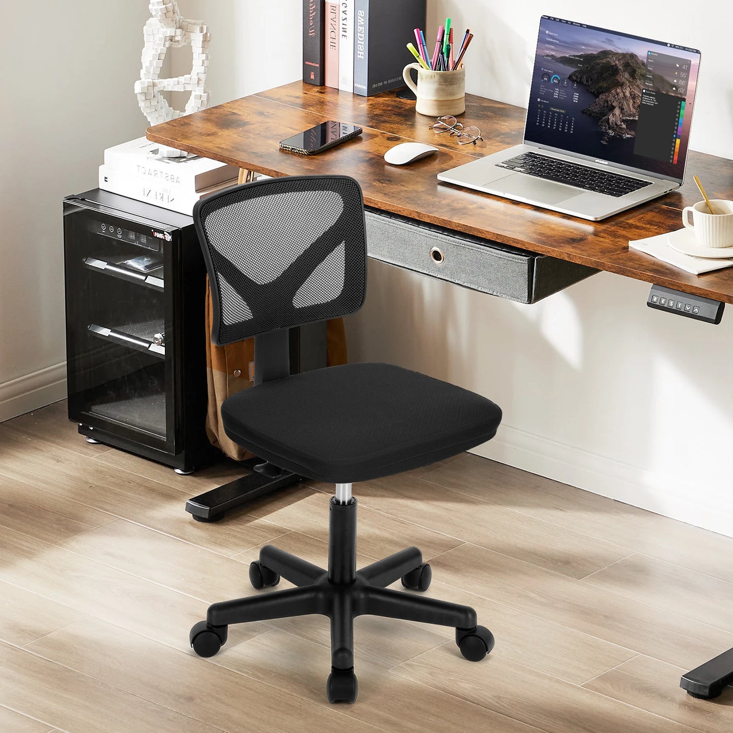 JHK Mesh Lumbar Armless Office Chair With Adjustable Height Wheels