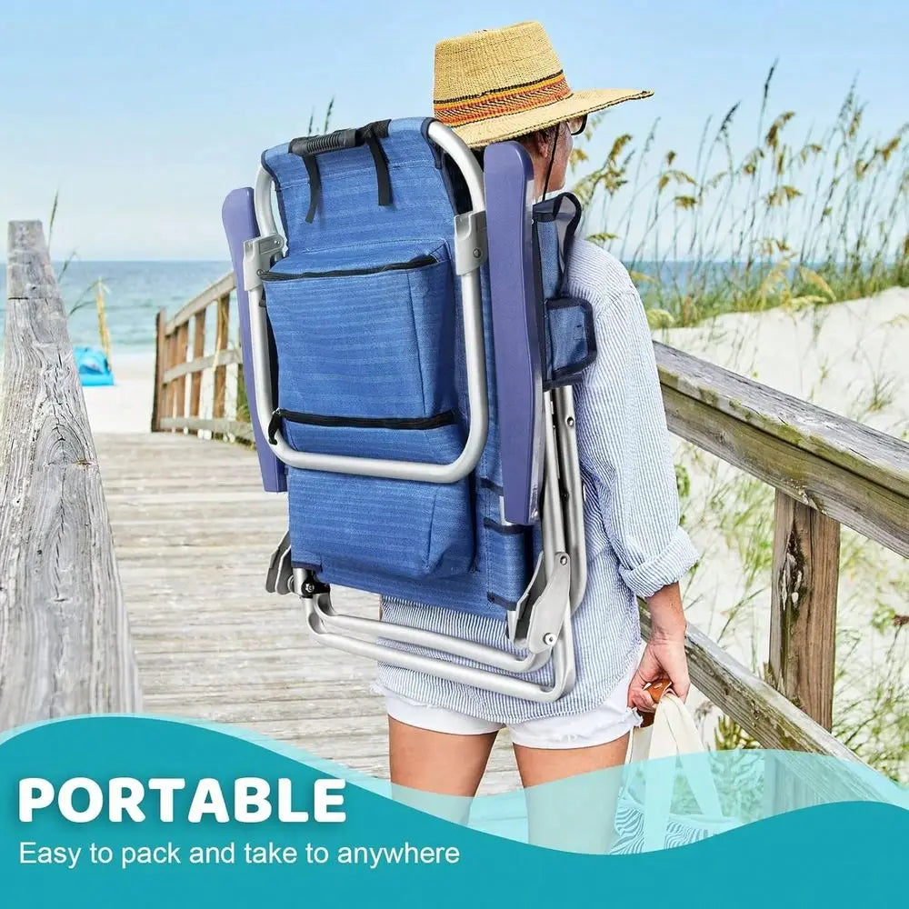 Beach Chair For Adult,Outdoor Camping Chair Lay Flat Folding Backpack Beach Reclining Chair,With Pockets Cup Holder