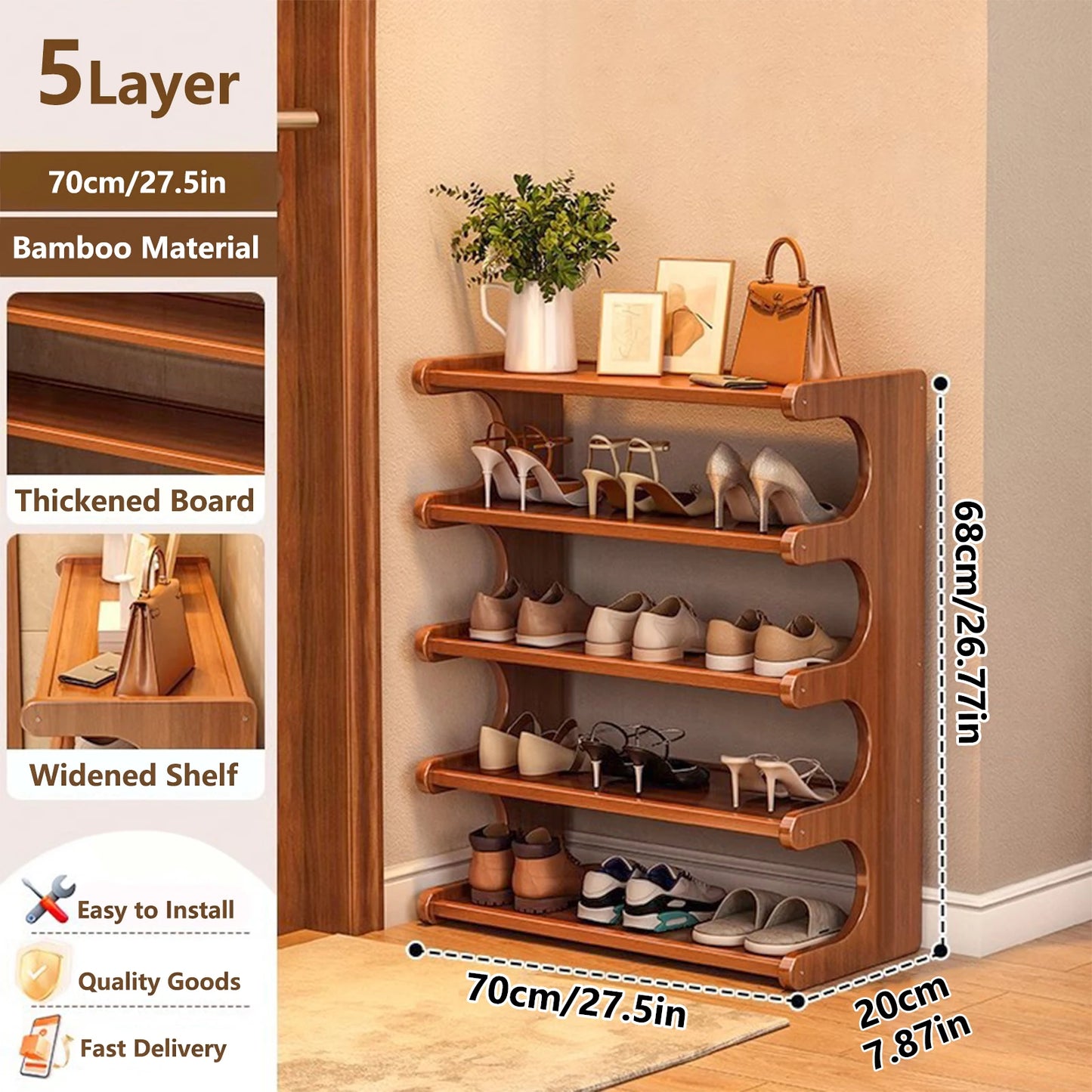 Five Layer Wood Grain Shoe Rack Space Saving Storage Organizer