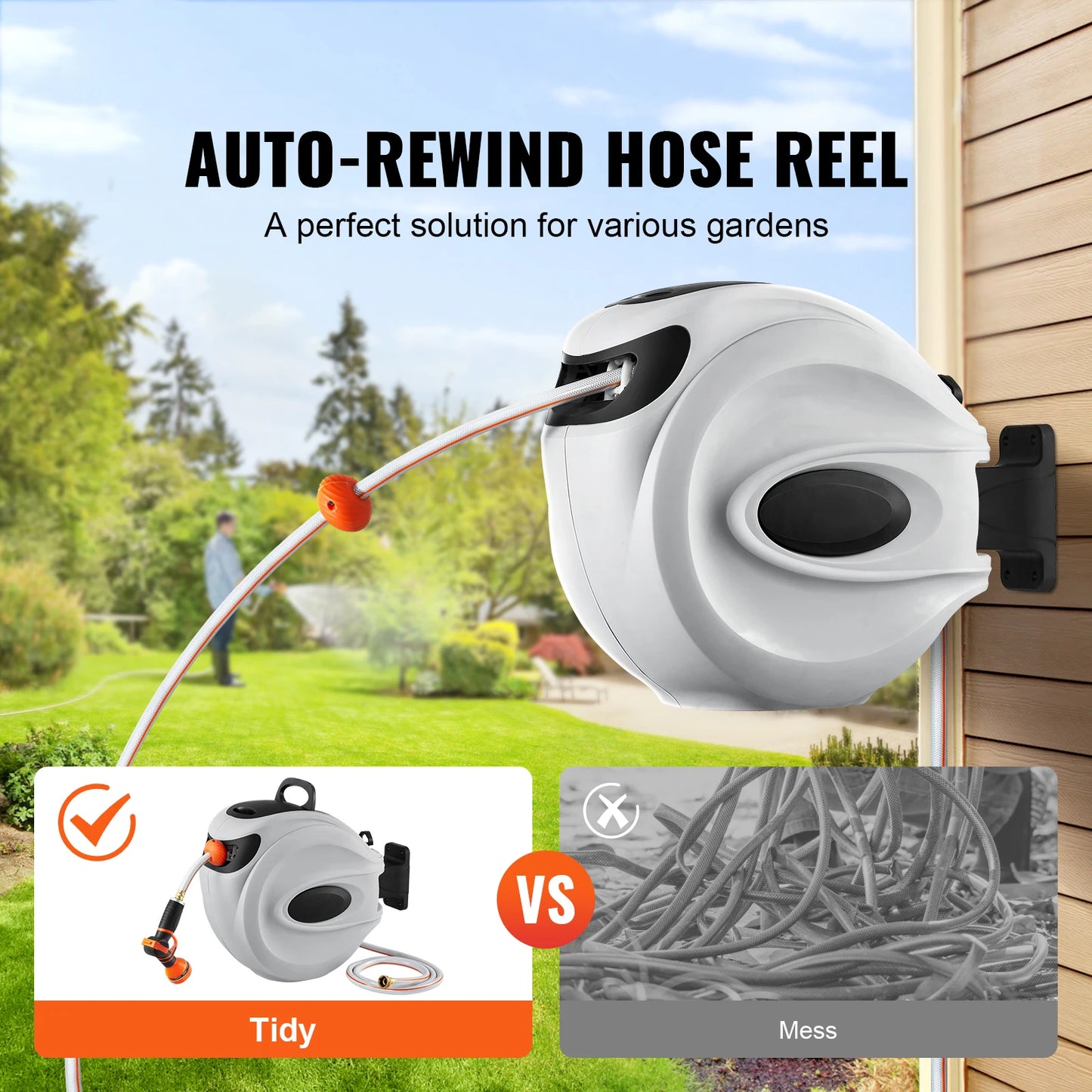 Succebuy Wall Mounted Retractable Garden Hose Reel With Automatic Rewind And Nozzle