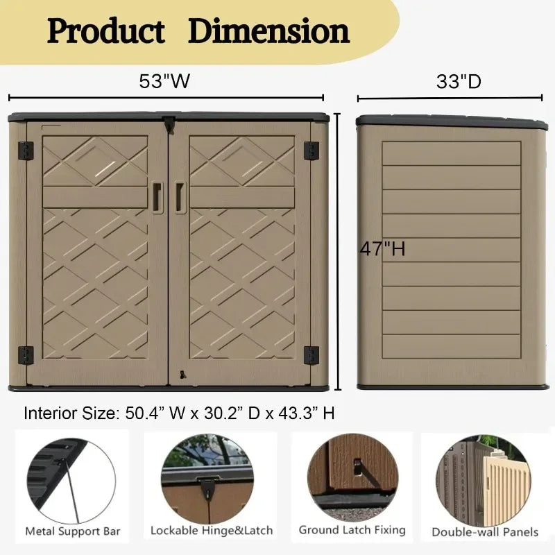 ZZM Large Outdoor Storage Shed, 48 Cu Ft Resin Versatile Storage Cabinet for Patio Accessories, Trash Cans &Garden Tools,Durable