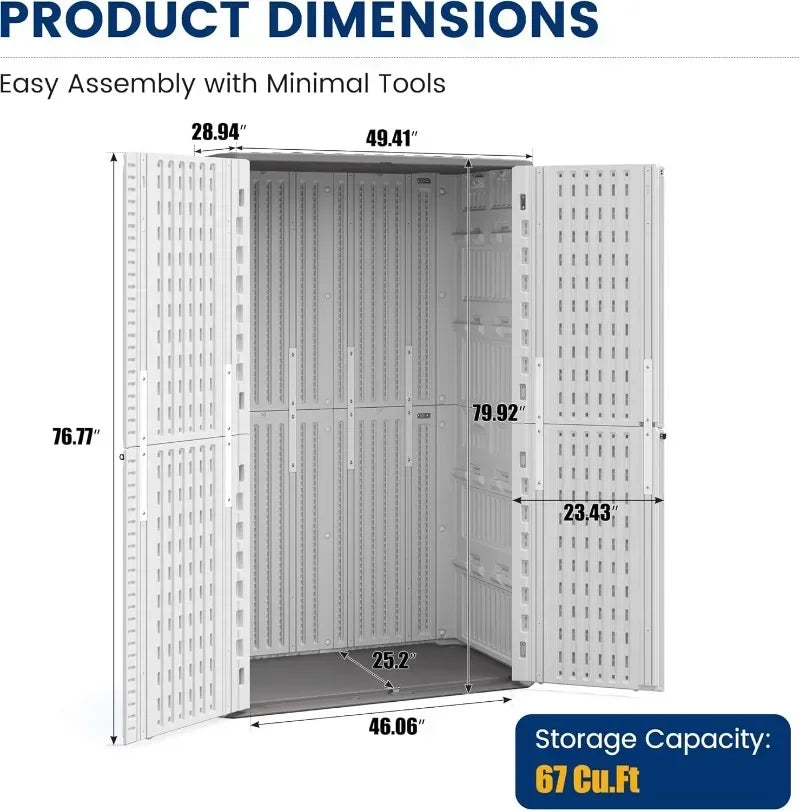 UDPATl0 67 Cu.Ft Outdoor Storage Shed, Vertical Plastic Cabinet Waterproof Sheds with Floor Included for Pool, Backyards, Garden