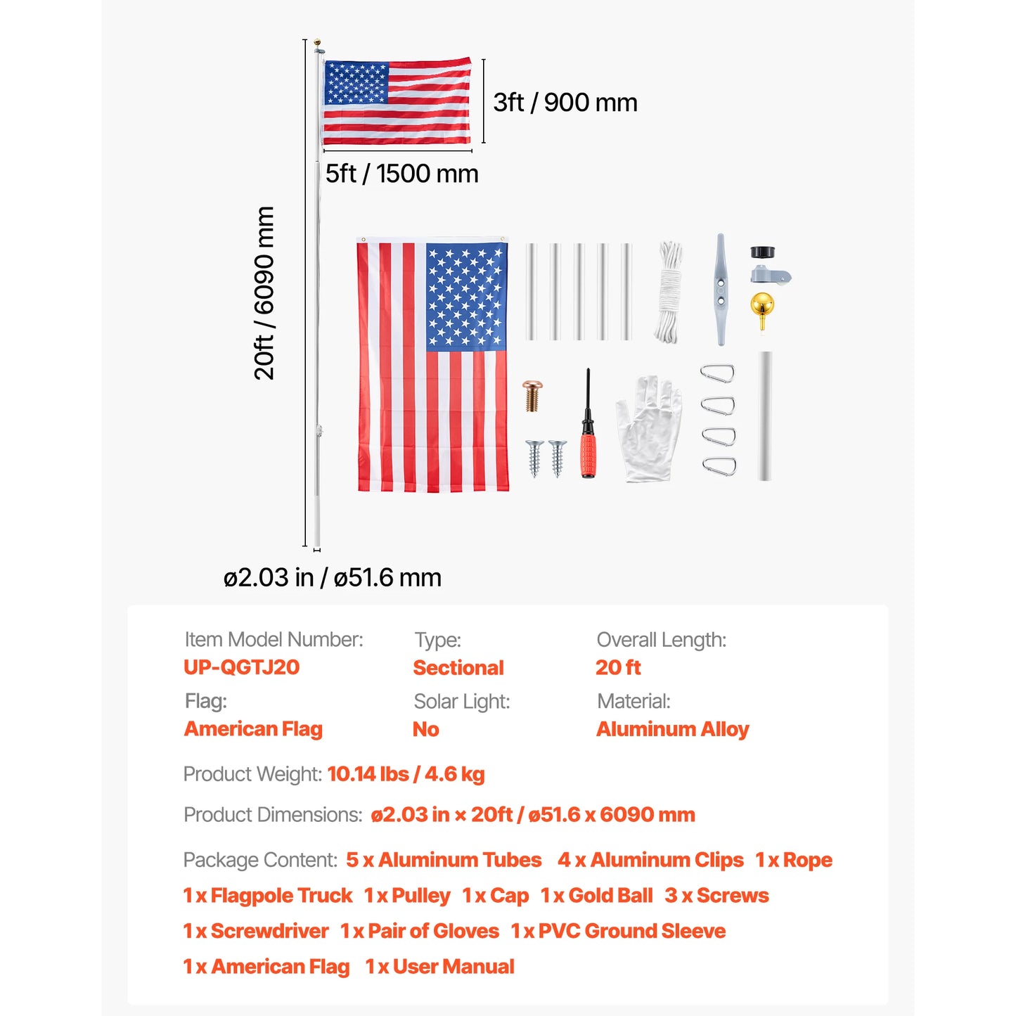 VEVOR 16 To 30 Ft In Ground Aluminum Flag Pole Kit With American Flag