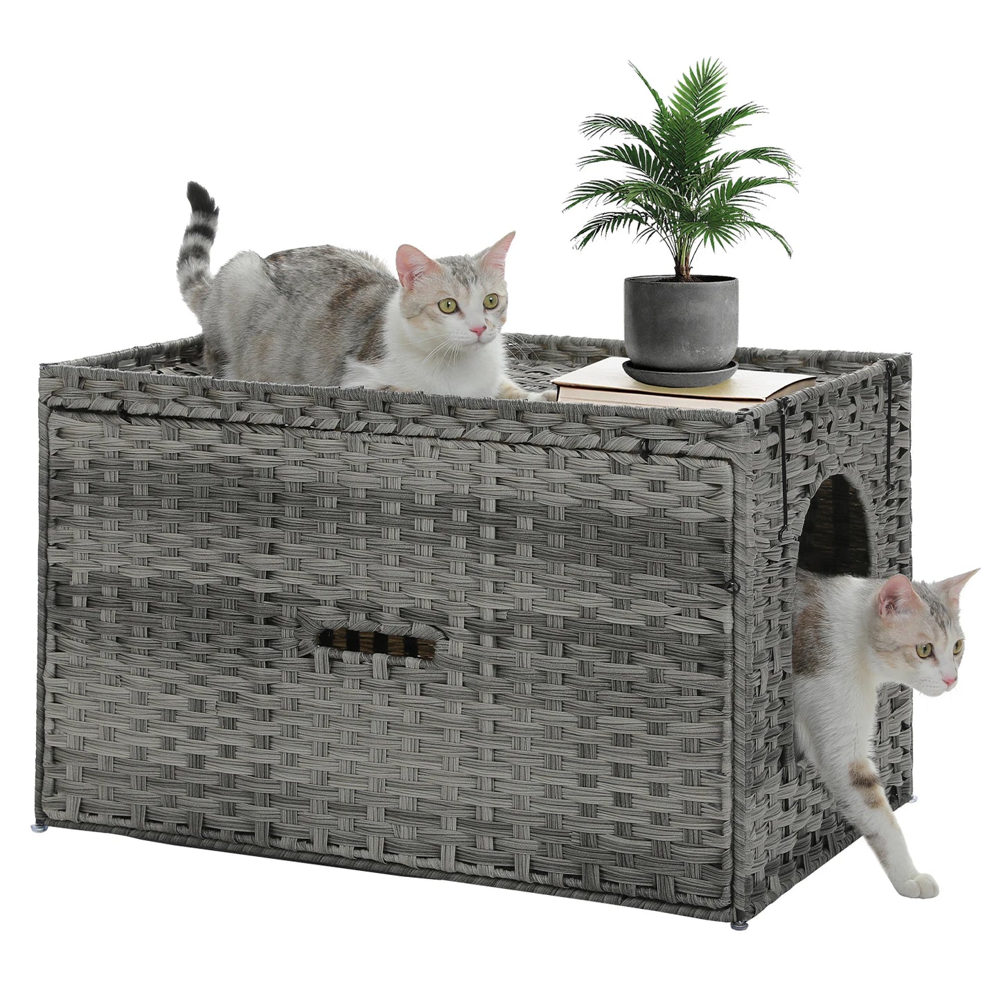 PEQULTI Rattan Litter Box Enclosure With Taller Doorway Flip-Up Design.