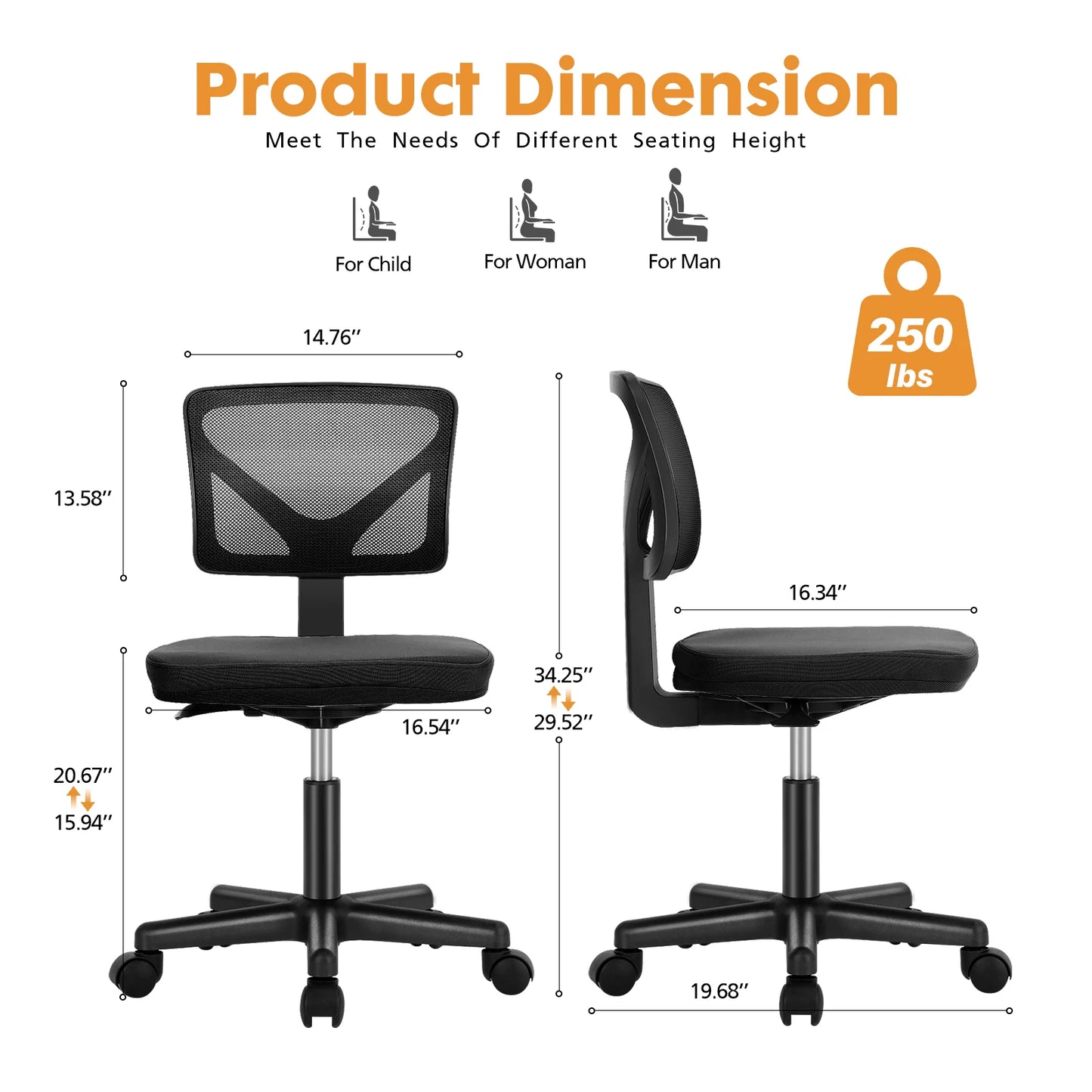 JHK Mesh Lumbar Armless Office Chair With Adjustable Height Wheels