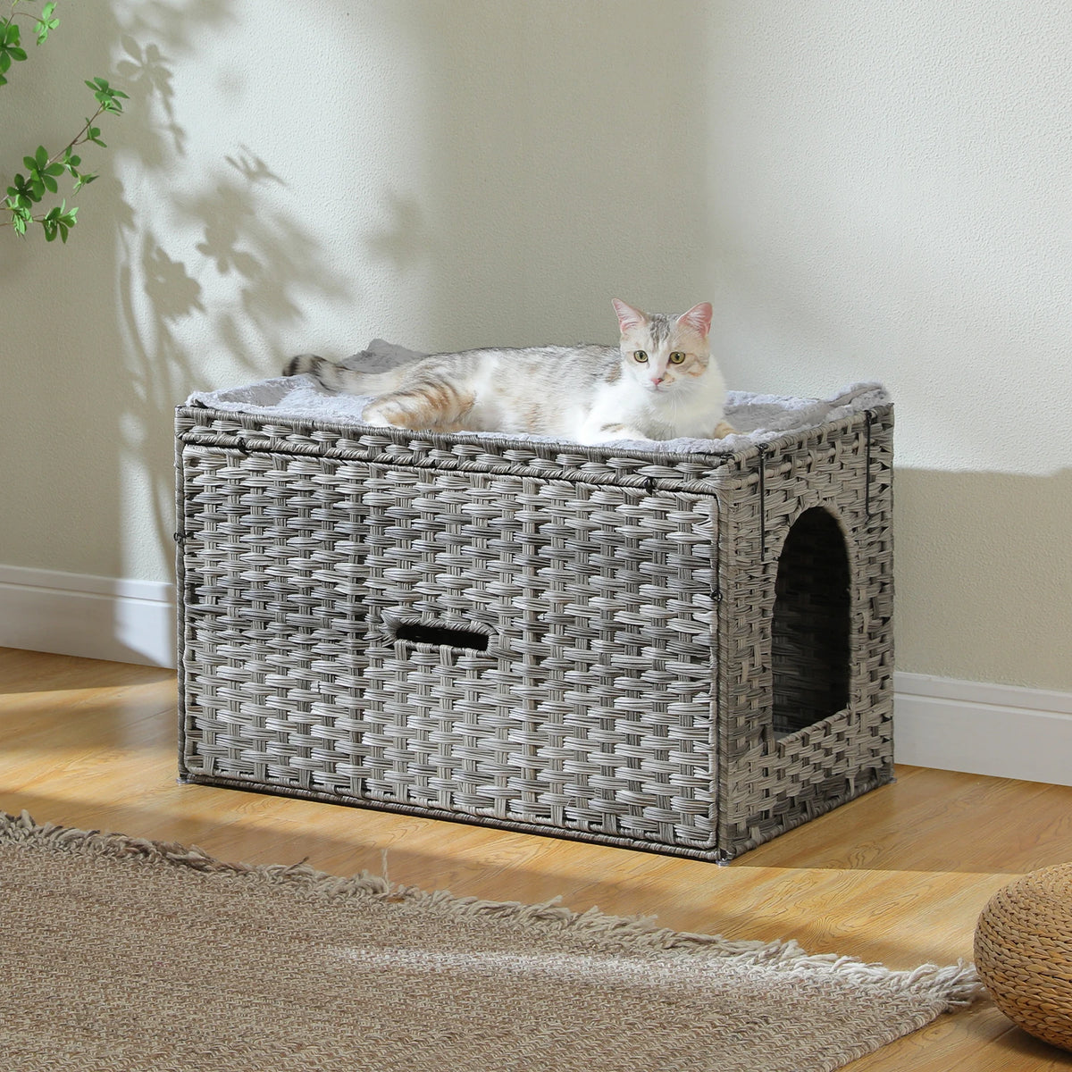 PEQULTI Rattan Litter Box Enclosure With Taller Doorway Flip-Up Design.