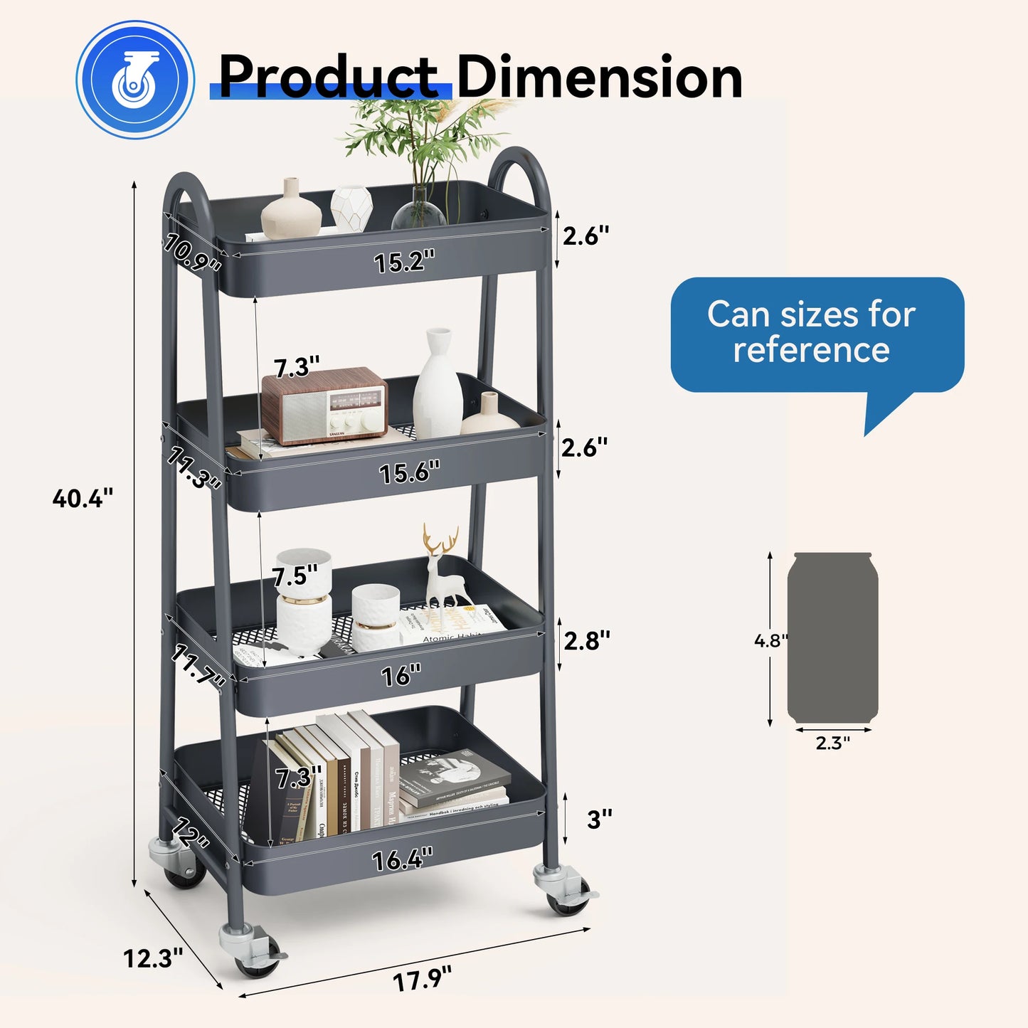JHK 4 Tier Metal Storage Kitchen Cart With Lockable Wheels