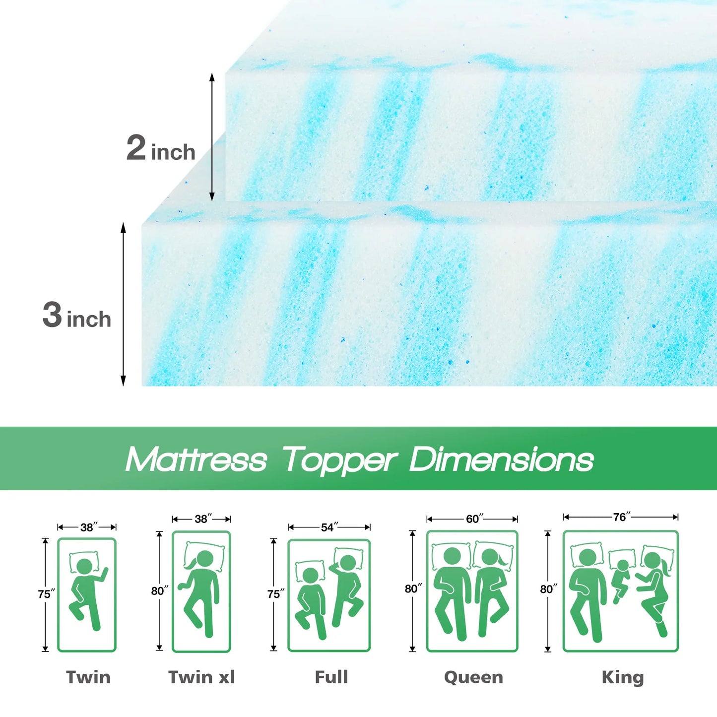 JHK Gel Memory Foam Mattress Topper Cooling Sleep Enhancer