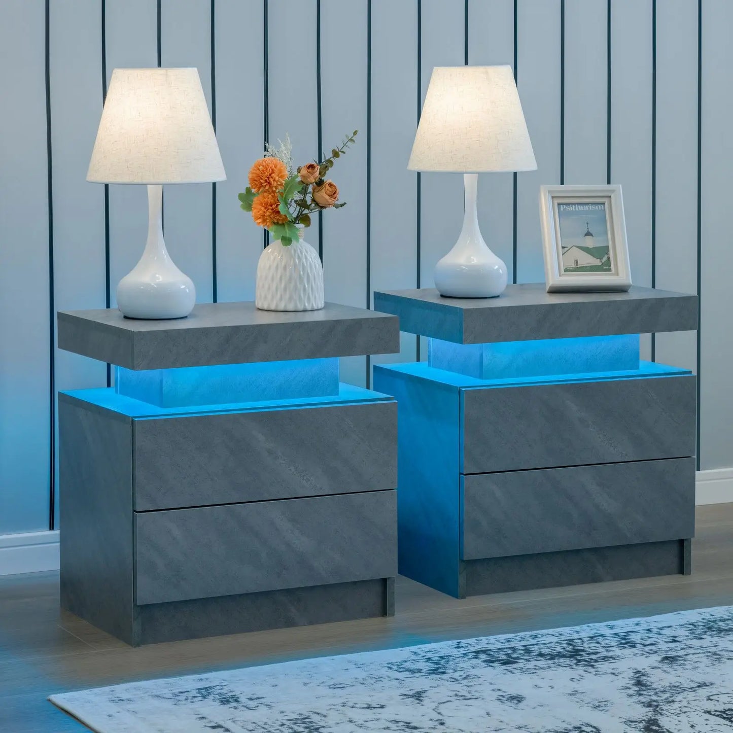 Cubehom LED Nightstand Set Of 2 With Drawers Bedside Table