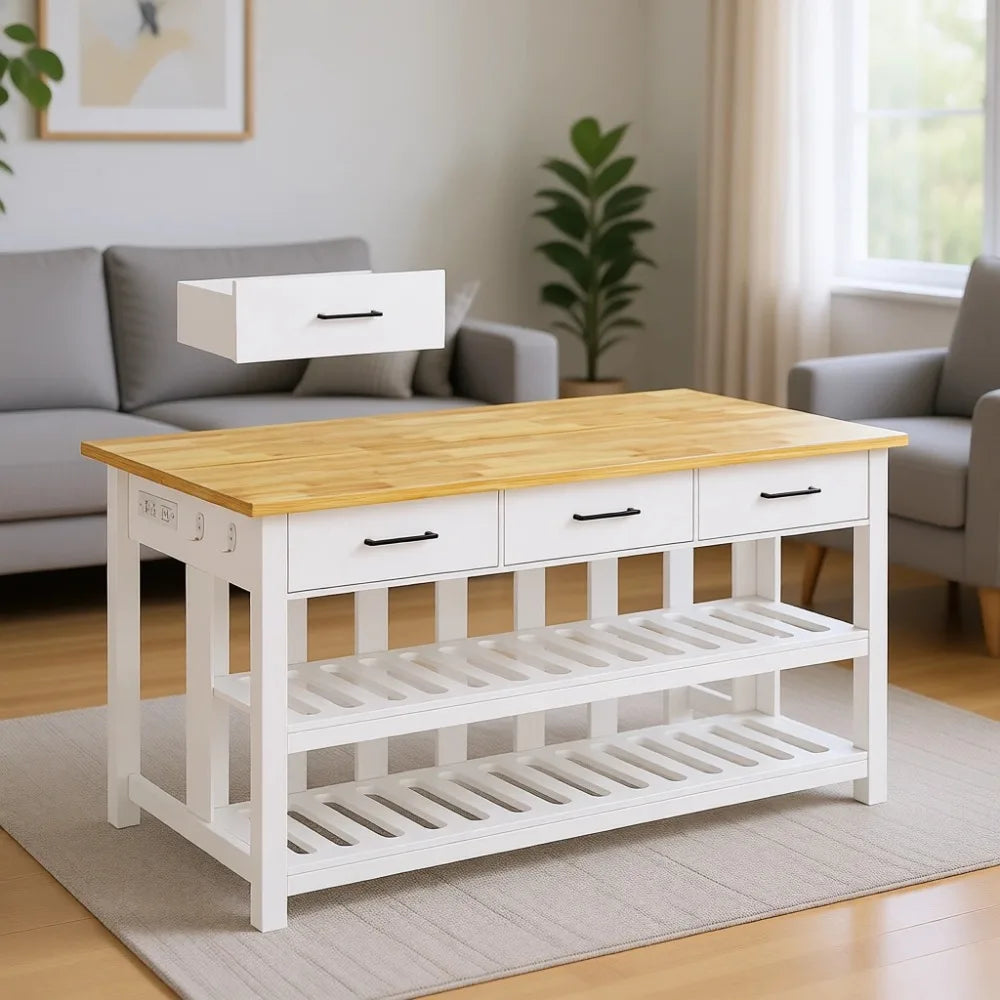 Solid Rubberwood Kitchen Island With Power Outlets And Storage