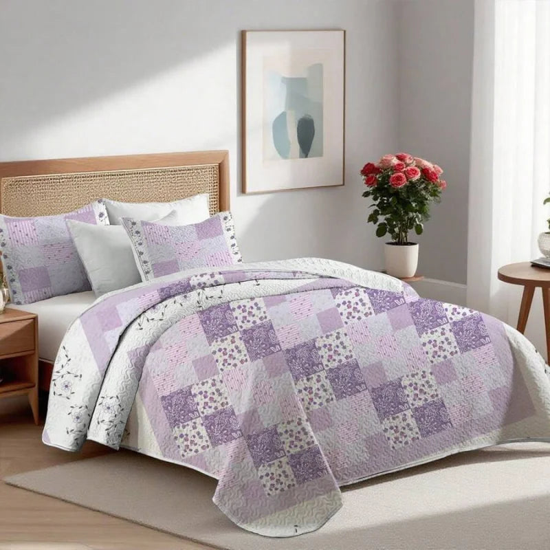 Purple Floral Grid Print Quilt Set Lightweight Breathable Polyester Cotton