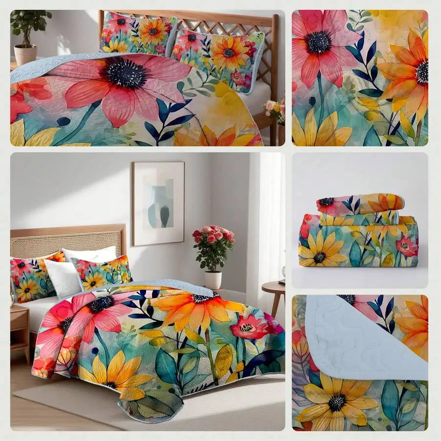 Purple Floral Grid Print Quilt Set Lightweight Breathable Polyester Cotton