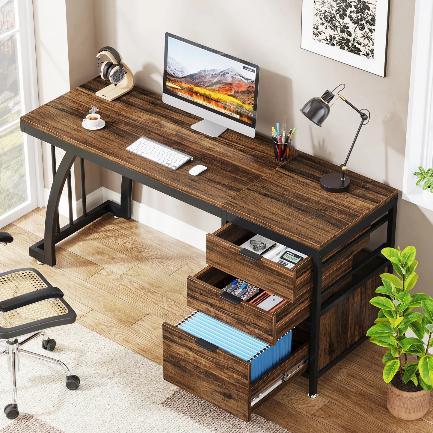 Tribesigns Computer Desk With Three Drawers Industrial Study Table