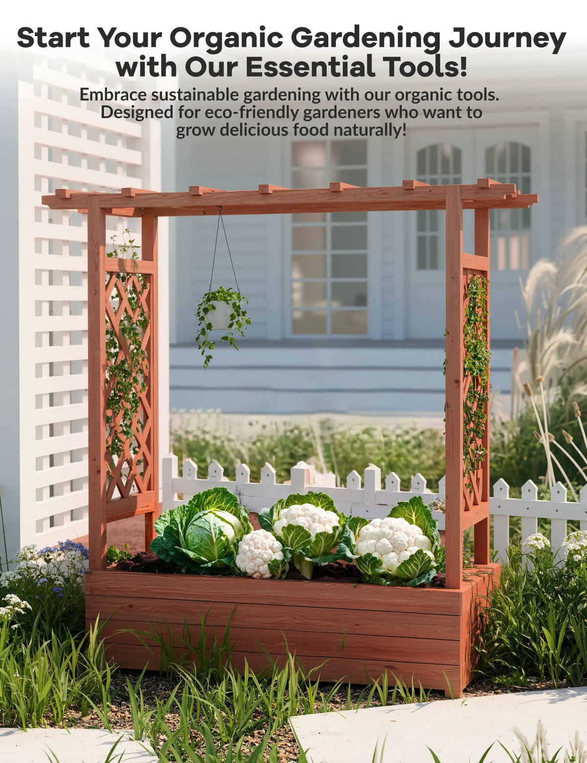 HiMISS Wooden Raised Garden Bed With Trellis Canopy Drainage