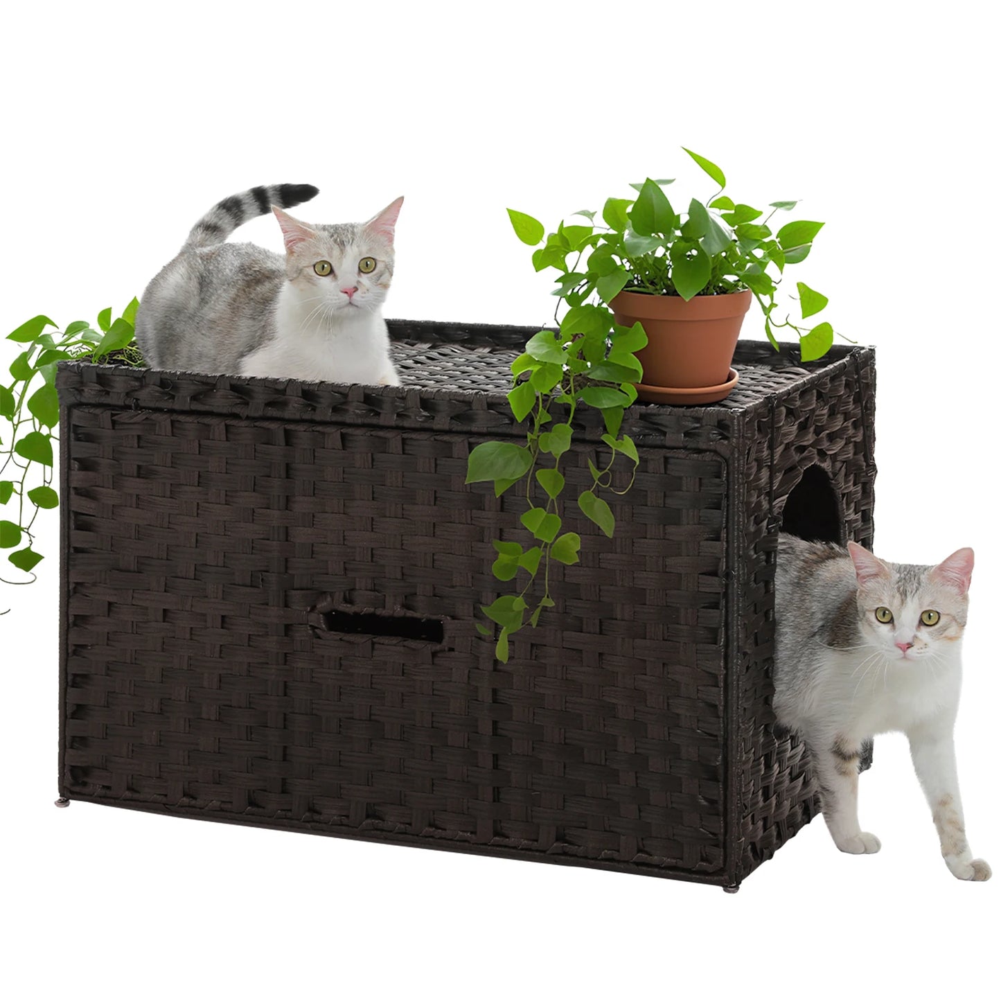 PEQULTI Rattan Litter Box Enclosure With Taller Doorway Flip-Up Design.