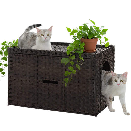 PEQULTI Rattan Litter Box Enclosure With Taller Doorway Flip-Up Design.