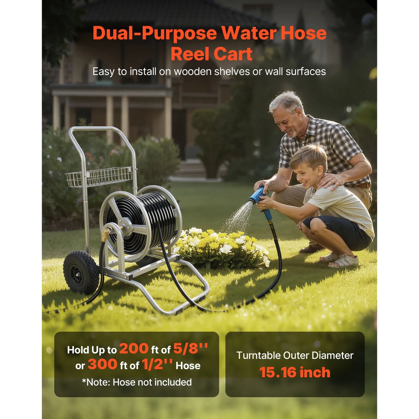 SucceBuy Water Hose Reel Cart With Mesh Storage Basket For Garden