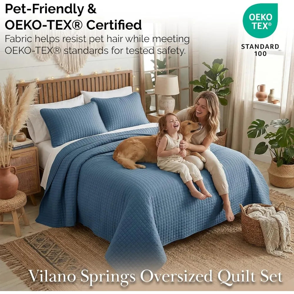 Lightweight Queen Quilt Bedding Set 100% Cotton Pet Resistant