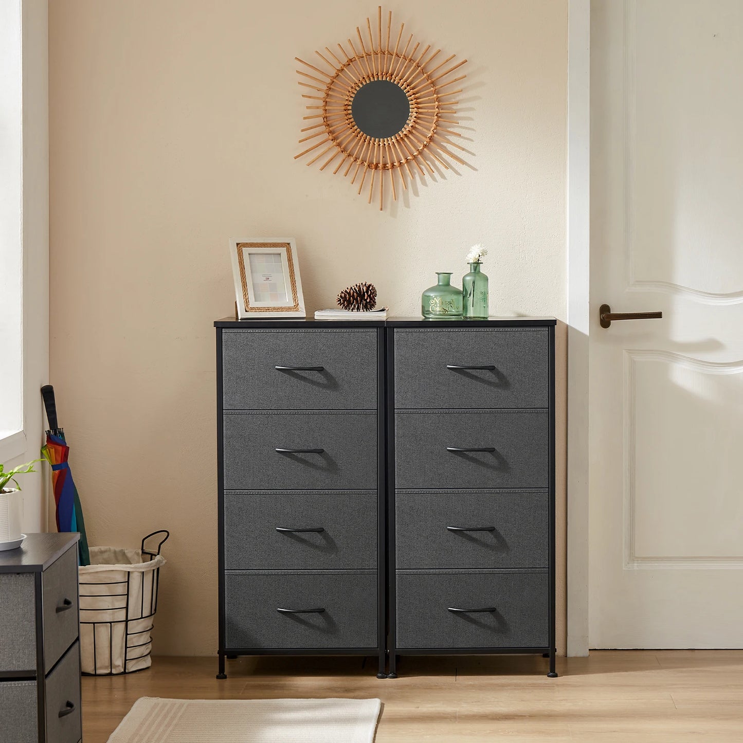 JHK Dresser With 4 Fabric Drawers Nightstand Steel Frame