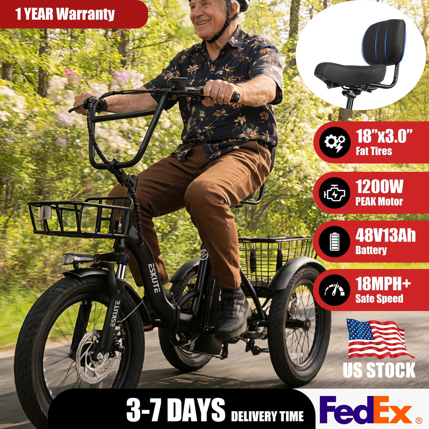 Eskute T300 Electric Trike With 1200W Motor And 624Wh Battery