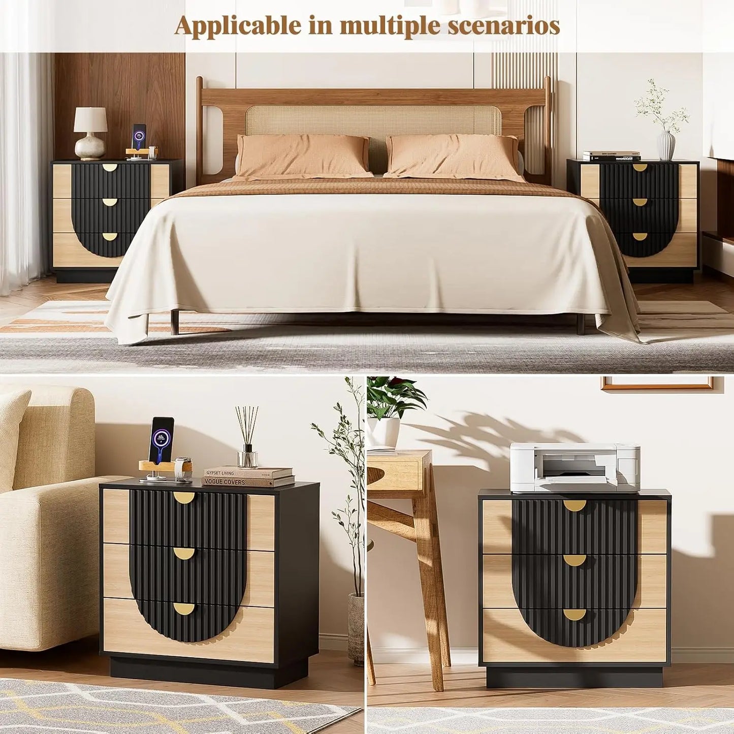 Symmetrical Arc 3-Drawer Nightstand With Charging Station