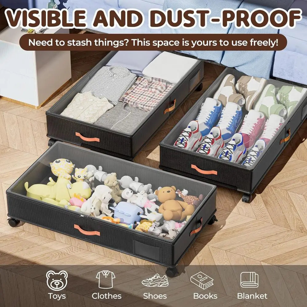Under Bed Storage With Wheels 2 Pack Clear Lids Clothes