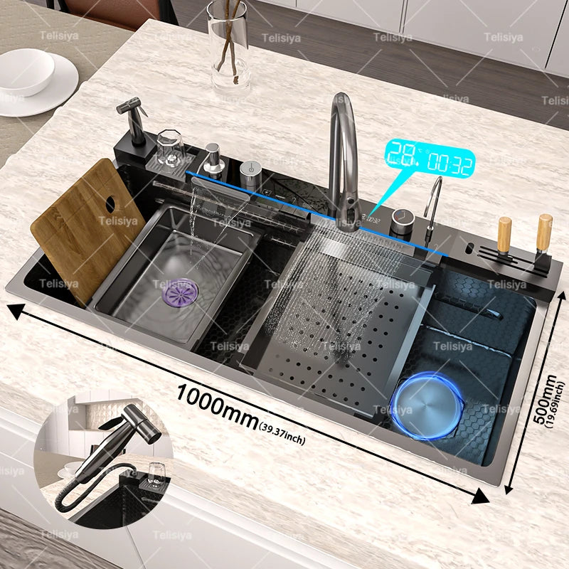 Telisiya Stainless Steel Waterfall Kitchen Sink With Digital Display