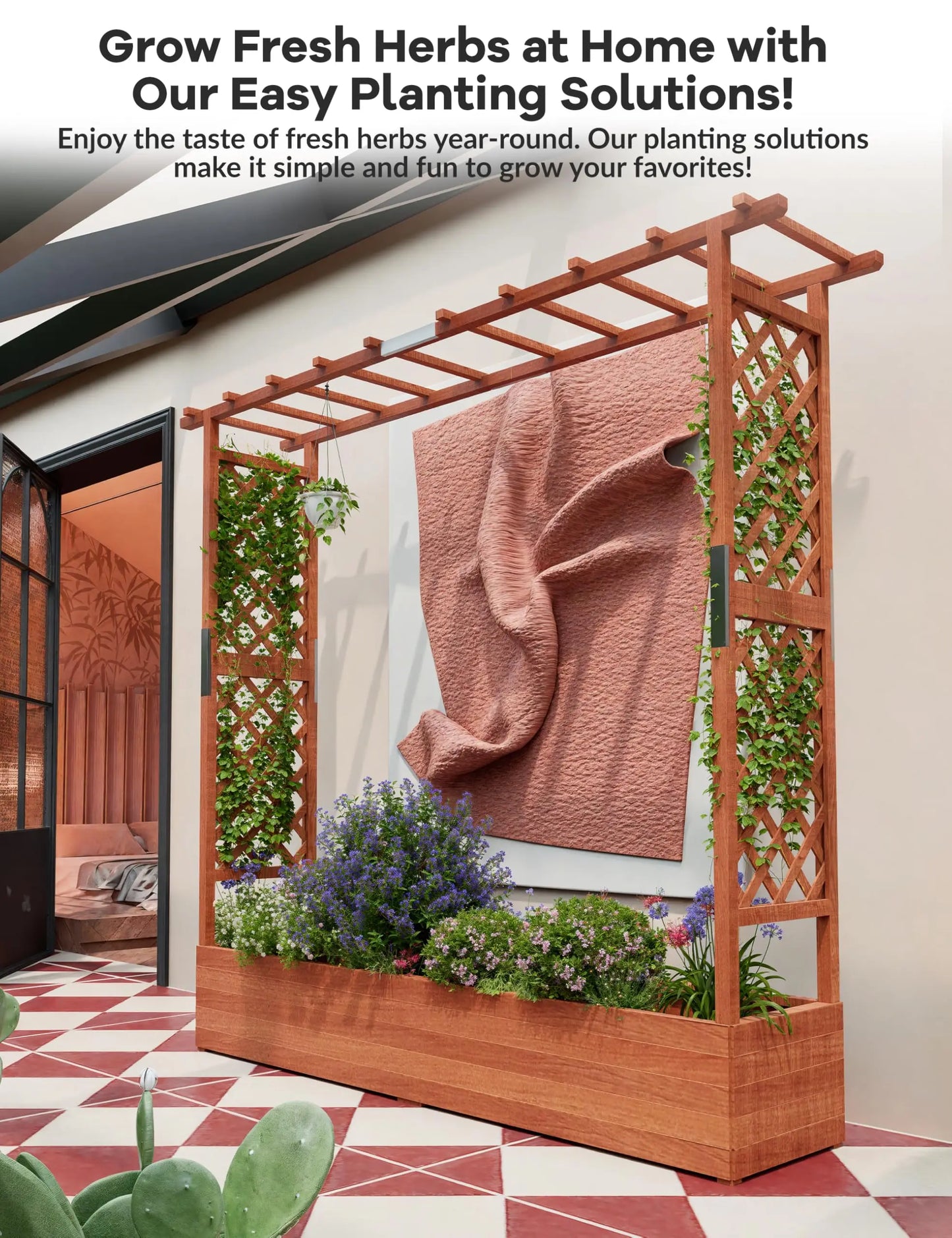 HiMISS Wooden Raised Garden Bed With Trellis Canopy Drainage