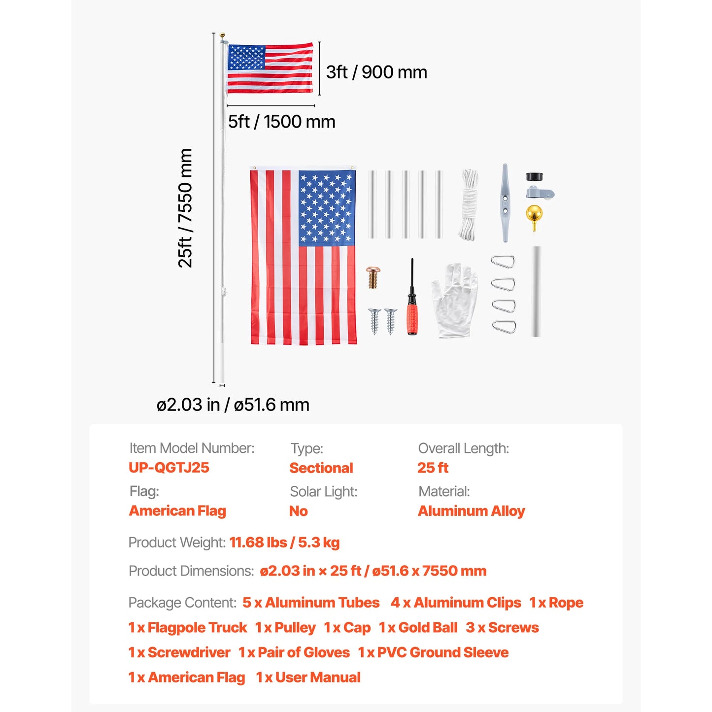 VEVOR 16 To 30 Ft In Ground Aluminum Flag Pole Kit With American Flag