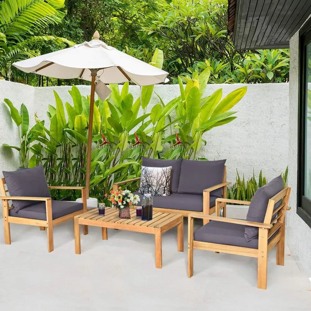 4 Piece Outdoor Acacia Wood Dining Set With Table And Cushions