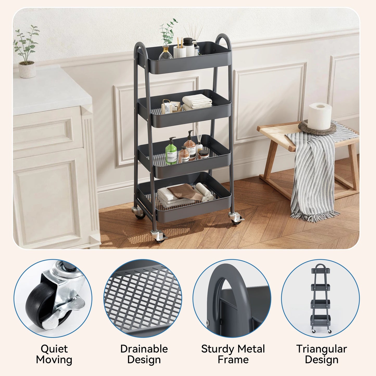 JHK 4 Tier Metal Storage Kitchen Cart With Lockable Wheels