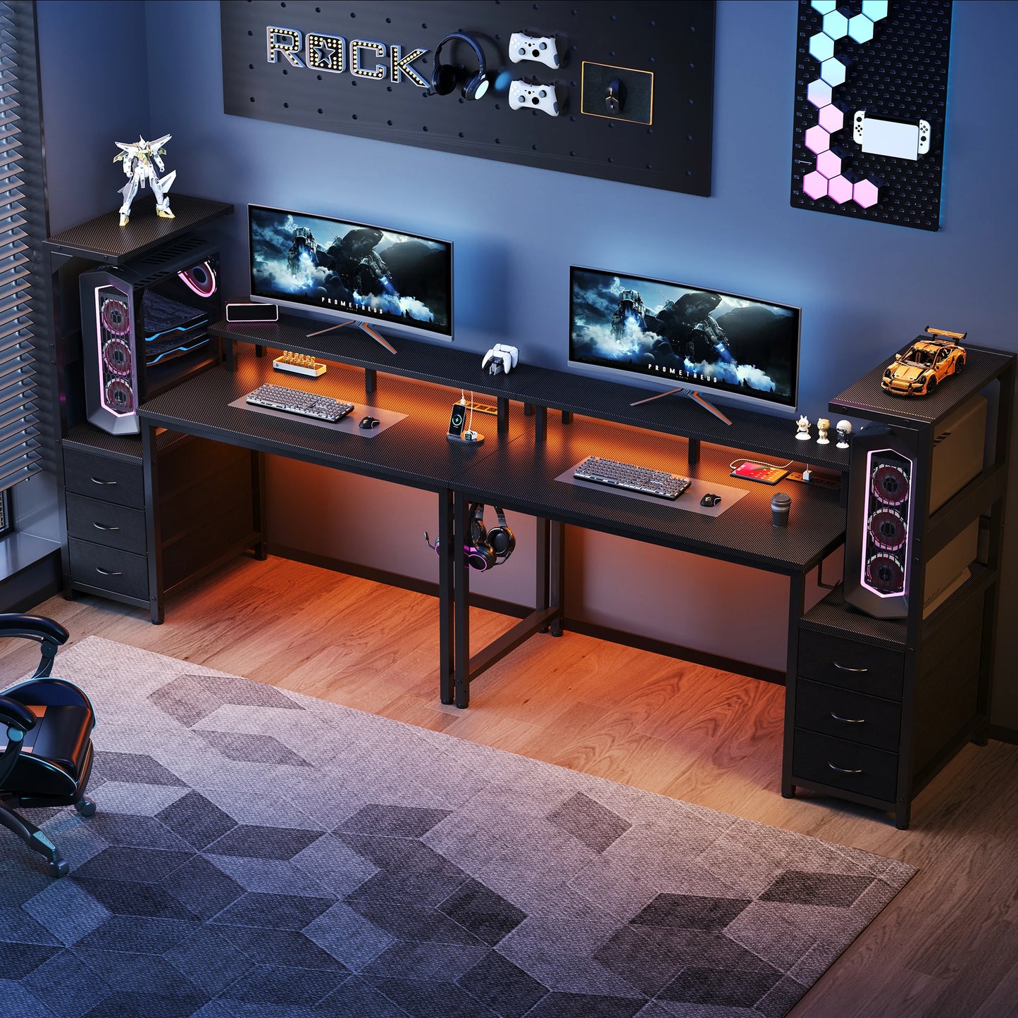 JHK Gaming Desk With LED Lights And 3 Storage Drawers