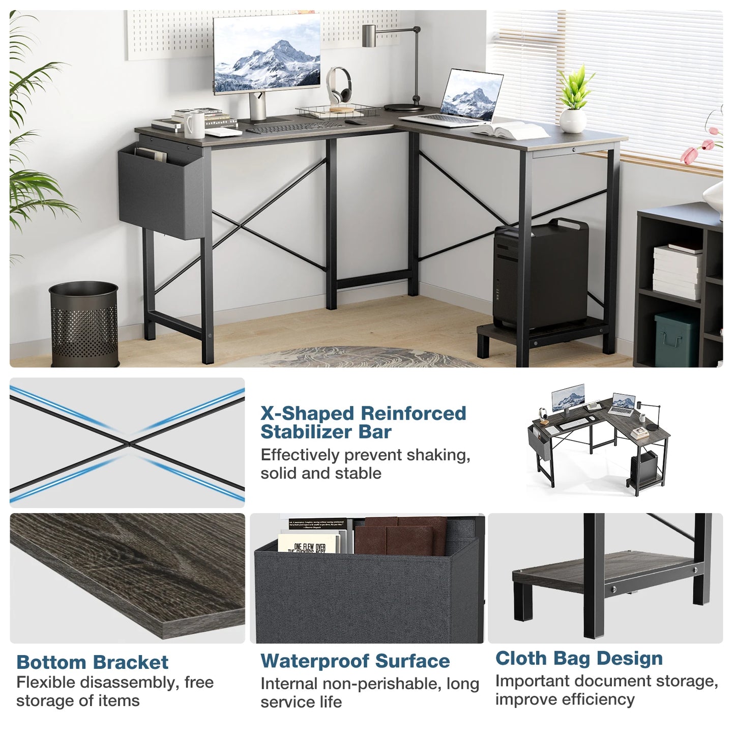 JHK L Shaped Computer Desk With CPU Storage Shelf Unit