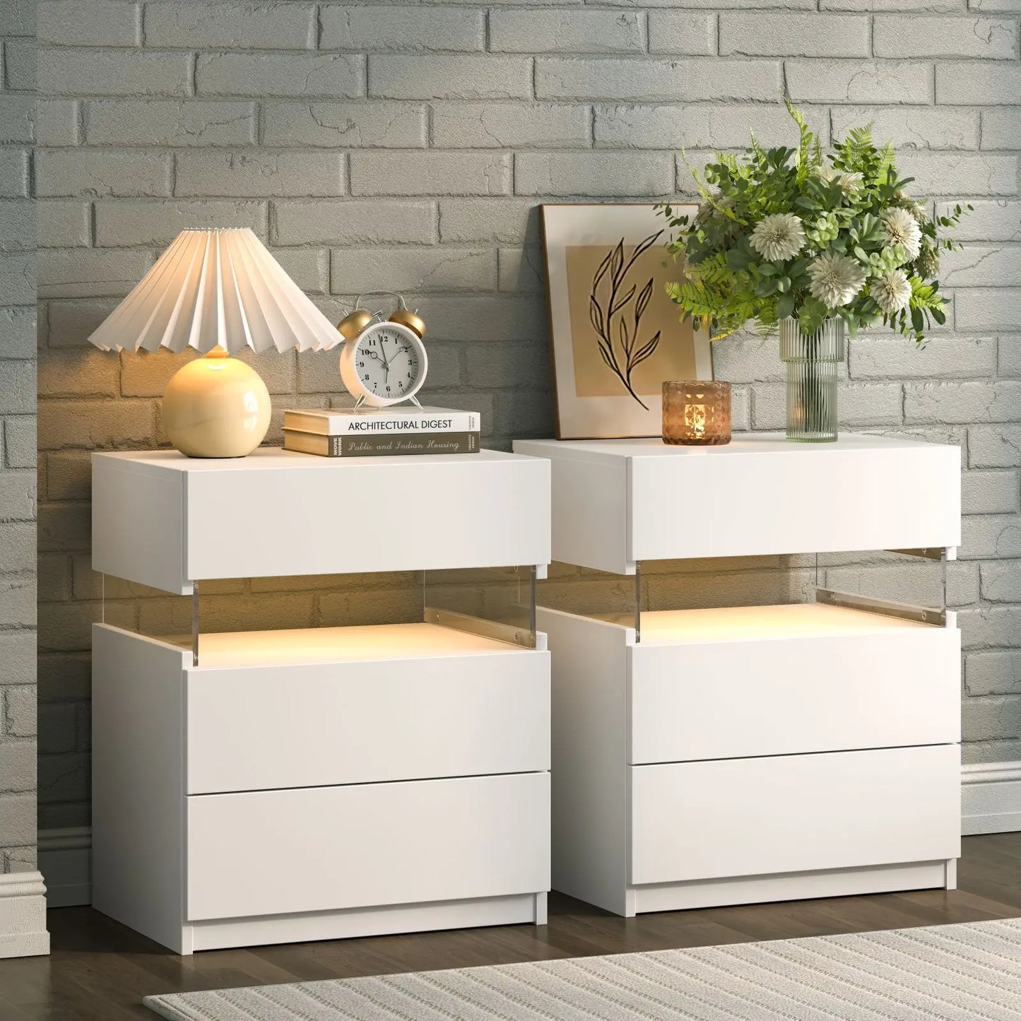 Cubehom Bedside Tables Two Piece Set With LED Lighting