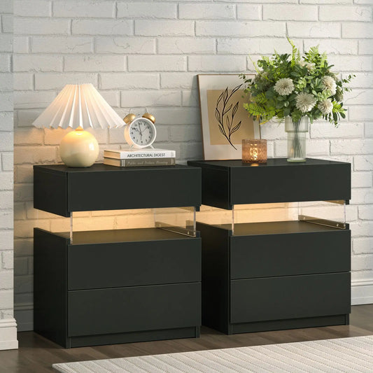 Cubehom Bedside Tables With LED Lighting, Two Drawer Nightstands