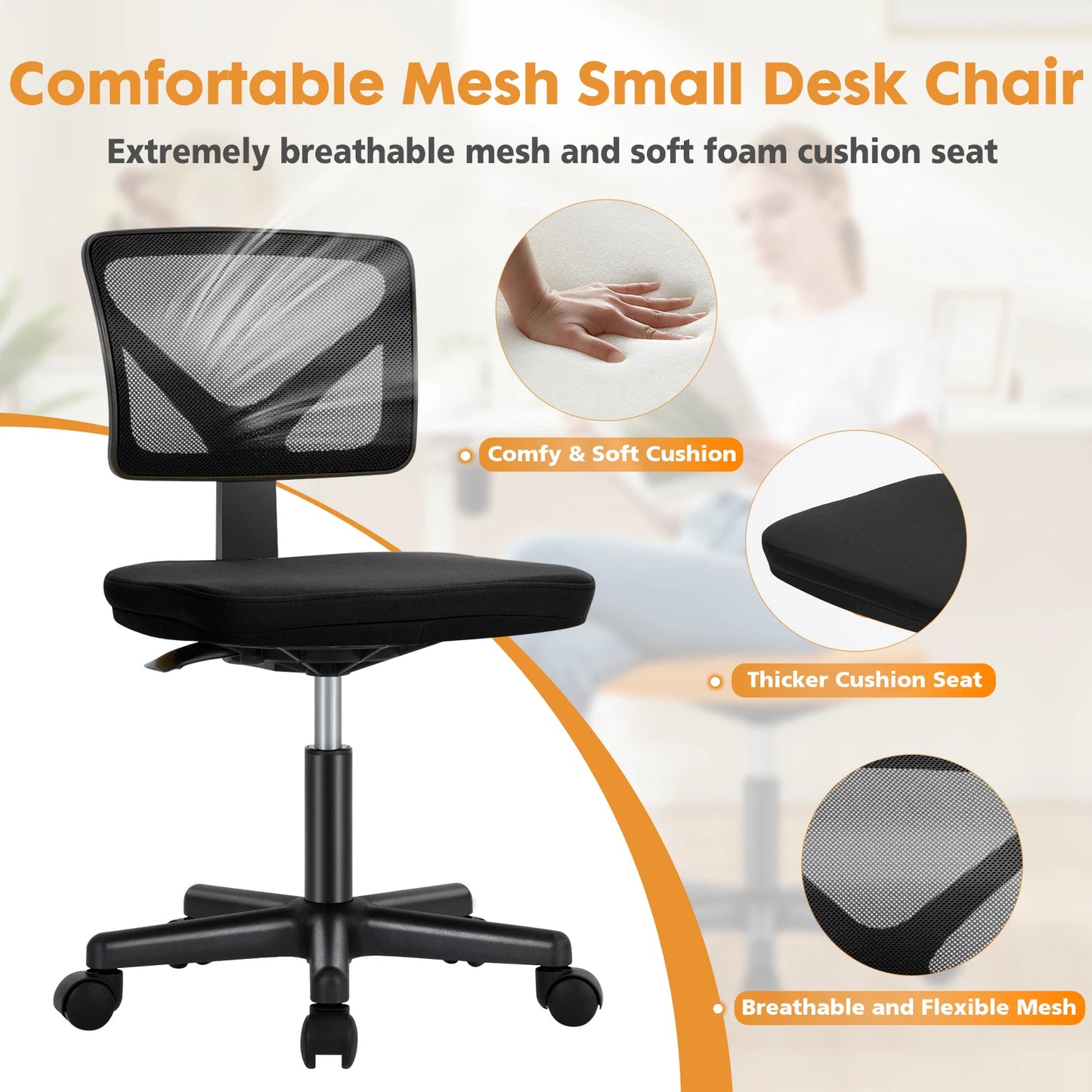 JHK Mesh Lumbar Armless Office Chair With Adjustable Height Wheels