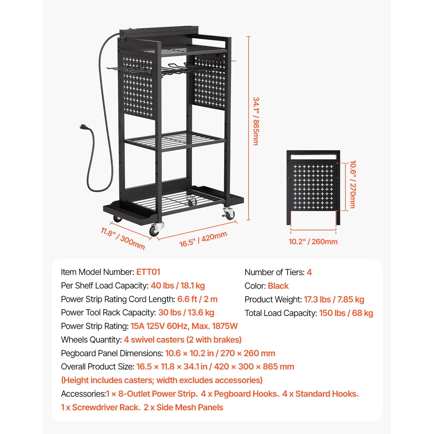 VEVOR 4-Tier Tool Organizer Cart With Charging Station And 8 AC Outlets