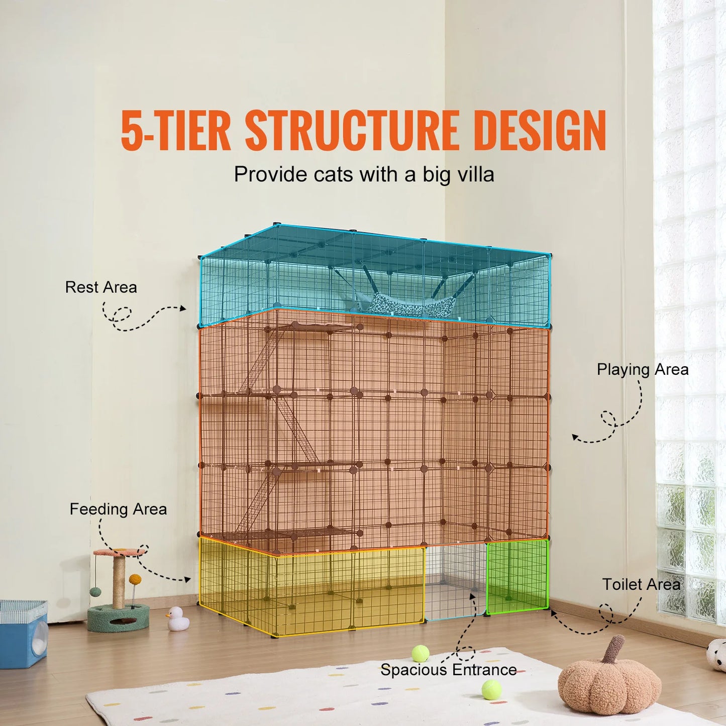 SucceBuy Detachable 5-Tier Cat Villa Cage With Ramp And Hammock